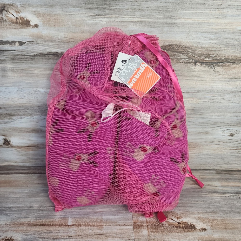 Old Navy Womens Reindeer Fleece Slippers Pink Magenta Holiday Gift Set Small 5-6